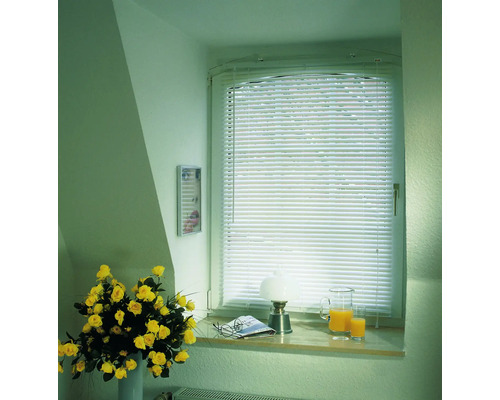 Fenster mit Jalousie, dekoriert mit Blumen und Accessoires