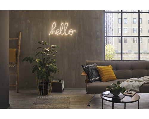 Wohnzimmer mit Sofa, Pflanze und dekorativer Beleuchtung