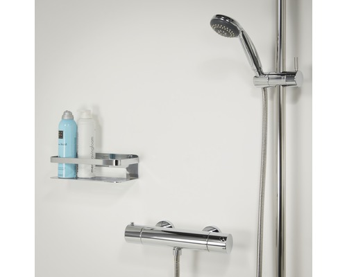 Vue de salle de bains avec robinetterie de douche, pommeau de douche et étagère de rangement