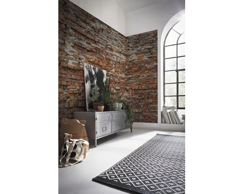 Scène avec un mur de briques, une armoire en métal, une plante d''intérieur, une peinture abstraite et un tapis à motifs