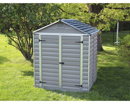 Gerätehaus Palram – Canopia Skylight 6x5 mit Fussboden 185,5 x 153,5 cm grau Gartenschuppen aus Kunststoff mit Doppeltür im Garten