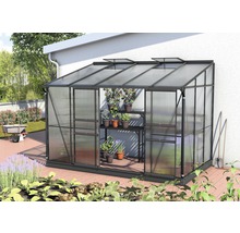 Serre en aluminium avec étagère à plantes dans le jardin