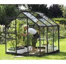Serre avec plantes et une femme dans le jardin.