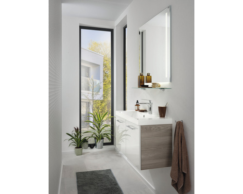Salle de bain lumineuse avec lavabo, miroir, fenêtre et plantes pour une ambiance conviviale.
