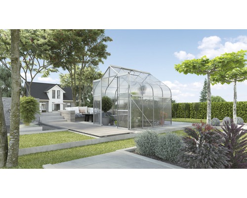 Gewächshaus Vitavia Diana 6700 Hohlkammerplatten 4 mm 264x258 cm Aluminium Gewächshaus im Garten mit Pflanzen