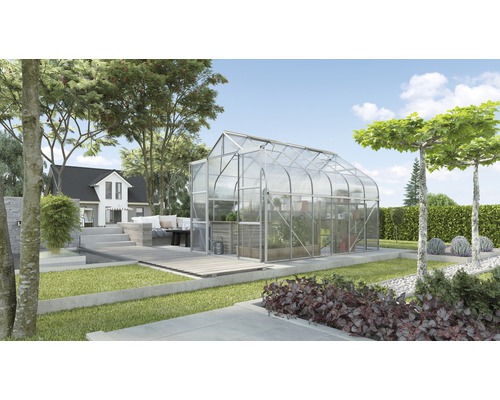 Gewächshaus Vitavia Diana 9900 Hohlkammerplatten 4 mm 264x383 cm Aluminium Gewächshaus im Garten mit Pflanzen und Bäumen