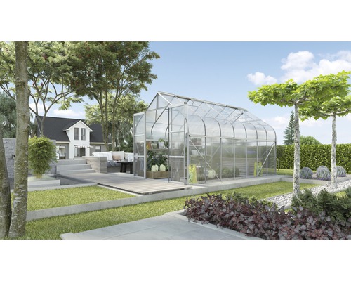 Gewächshaus Vitavia Diana 11500 Hohlkammerplatten 4 mm 264x445 cm Aluminium Gewächshaus im Garten mit Pflanzen und Gartenmöbeln