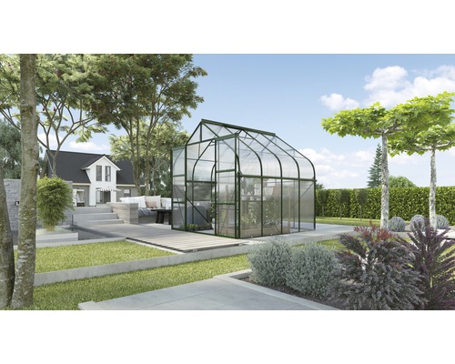 Gewächshaus Vitavia Diana 6700 Hohlkammerplatten 4 mm 264x258 cm smaragd Gewächshaus im Garten mit Bepflanzung