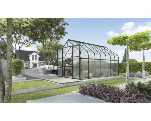 Gewächshaus Vitavia Diana 11500 Hohlkammerplatten 4 mm 264x445 cm smaragd Gewächshaus im Garten mit Bepflanzung und Gartenmöbeln