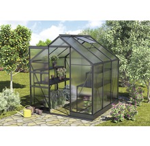Serre avec étagères dans le jardin
