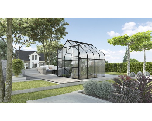 Gewächshaus Vitavia Diana 6700 Hohlkammerplatten 4 mm 264x258 cm schwarz Gewächshaus im Garten mit Pflanzen und Sitzgelegenheiten