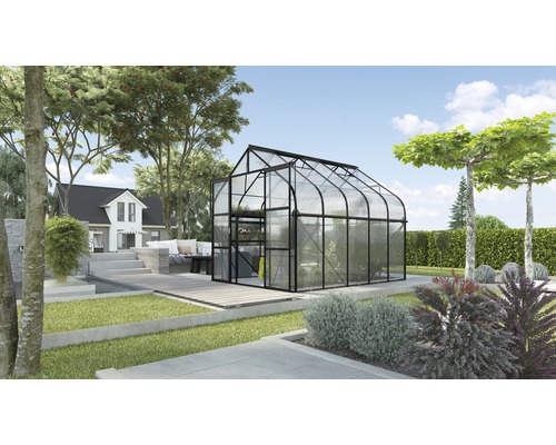 Gewächshaus Vitavia Diana 8300 Hohlkammerplatten 4 mm 264x321 cm schwarz Gewächshaus im Garten mit Glaswänden und Regalen