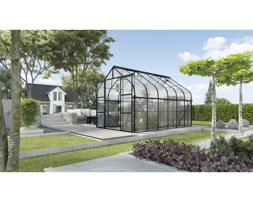Gewächshaus Vitavia Diana 9900 Hohlkammerplatten 4 mm 264x383 cm schwarz Gewächshaus im Garten mit Pflanzen und Bäumen