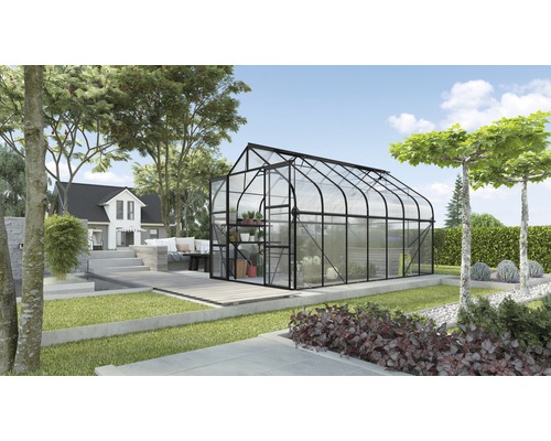Gewächshaus Vitavia Diana 11500 Hohlkammerplatten 4 mm 264x445 cm schwarz Gewächshaus mit Regalen in einem Garten