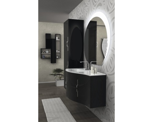 Salle de bains moderne avec meuble-lavabo noir, armoire de toilette et miroir ovale avec éclairage