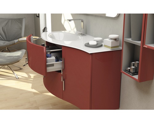 Salle de bain moderne avec meuble sous-lavabo, lavabo et tiroir ouvert
