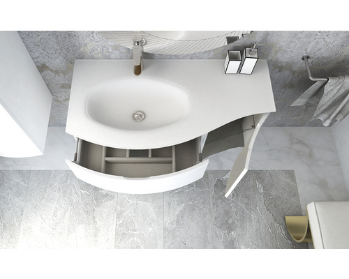 Salle de bains avec lavabo, meuble bas ouvert et robinet, vue de dessus