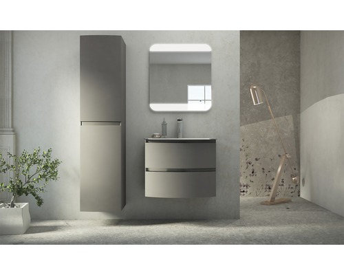 Salle de bain moderne avec meuble sous-vasque, armoire de toilette et armoire haute pour une ambiance claire et ordonnée