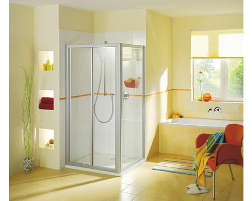 Salle de bains lumineuse avec cabine de douche, baignoire et fenêtre