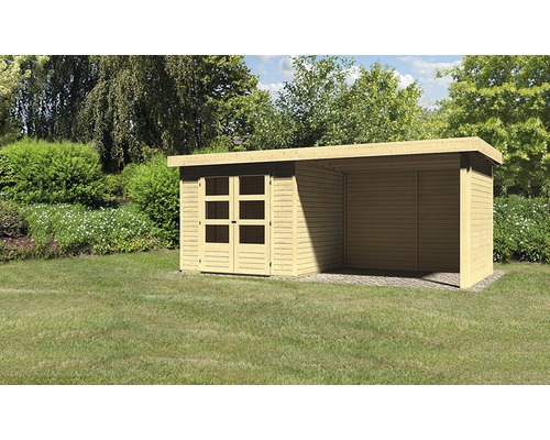 Abri de jardin Karibu Kodiak 3 avec toit en appentis de 2,75 m, parois arrière et latérale 545 x 238 cm naturel