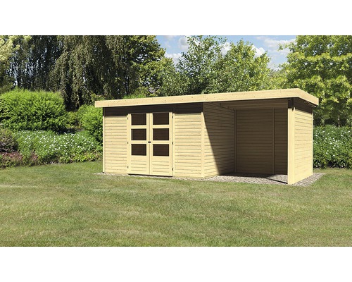 Gartenhaus Karibu Kodiak 4 mit Schleppdach 2,25 m, Rück- und Seitenwand 572 x 238 cm natur