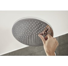 La main nettoie la pomme de douche avec fonction anticalcaire.