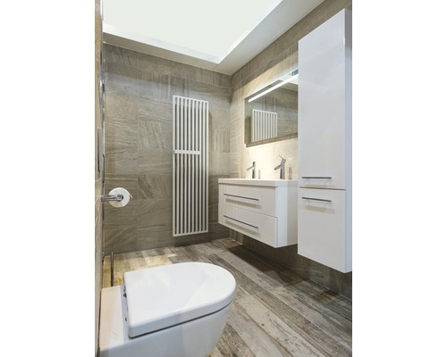 Salle de bain moderne avec toilettes, lavabo, miroir, radiateur et carrelage