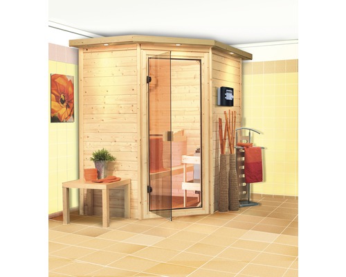 Sauna en madriers Woodfeeling Svea sans poêle ni couronne avec porte entièrement vitrée coloris bronze