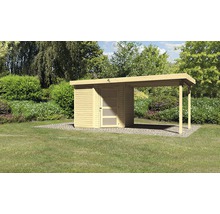 Abri de jardin en bois avec abri voiture dans le jardin