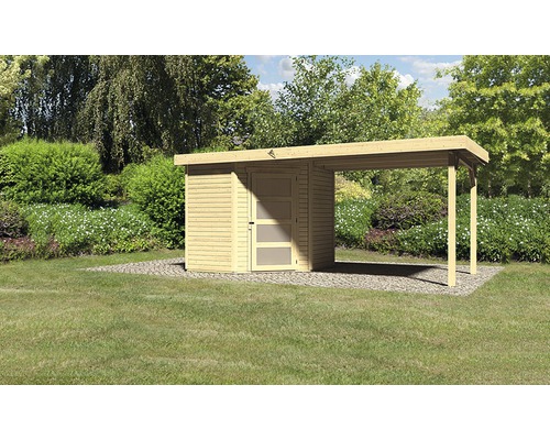Abri de jardin Karibu Anvik 3 avec toit en appentis 504,5 x 238 cm naturel Abri de jardin en bois avec abri voiture dans le jardin