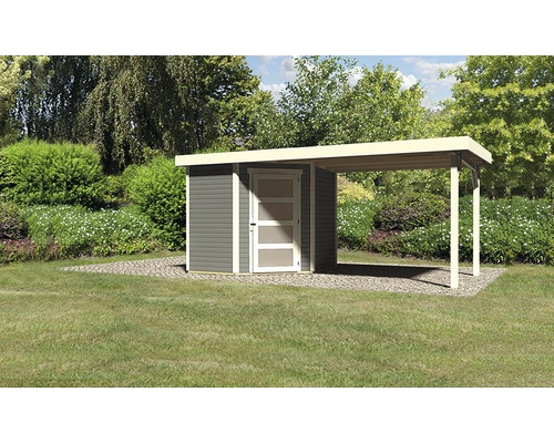 Abri de jardin Karibu Anvik 3 avec toit en appentis 504,5 x 238 cm gris terre Abri de jardin avec annexe sur une pelouse