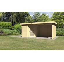 Abri de jardin en bois avec toit plat et espace partiellement couvert dans le jardin