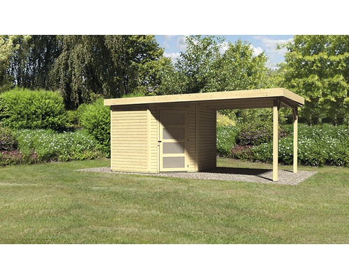 Abri de jardin Karibu Anvik 5 avec toit en appentis 503 x 262 cm naturel Abri de jardin en bois avec auvent dans le jardin