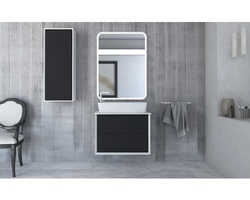 Salle de bain moderne avec meuble-lavabo, armoire de toilette et armoire haute
