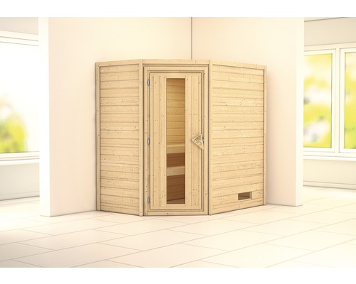 Sauna en madriers Karibu Svea sans poêle ni couronne avec porte en bois et verre à isolation thermique