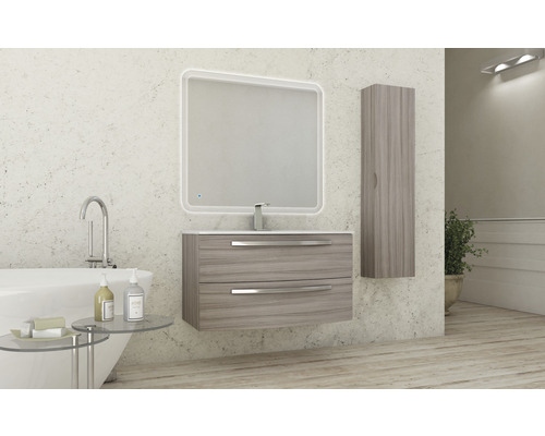 Salle de bains avec meuble sous-lavabo, miroir avec éclairage et armoire suspendue