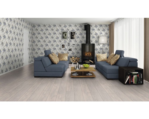 Salon avec canapé, cheminée et plancher en bois