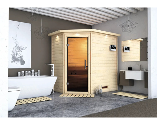 Sauna en madriers Karibu Svea sans poêle ni couronne avec porte entièrement vitrée couleur graphite