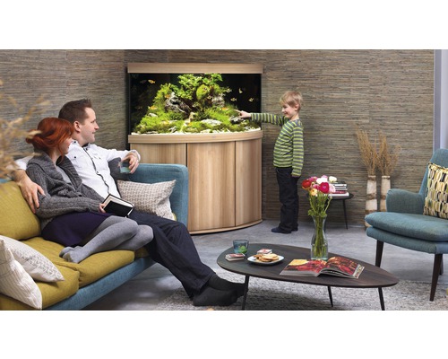 Une famille regarde un aquarium dans un salon