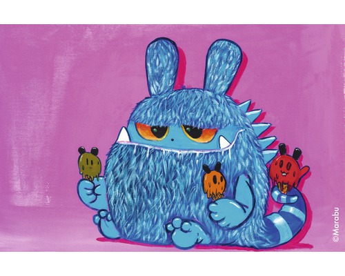Illustration eines blauen, pelzigen Monsters mit Eiscreme