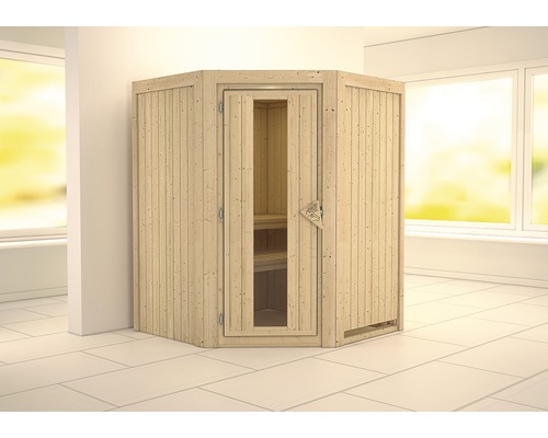 Sauna modulaire Karibu Larina sans poêle ni couronne, avec porte en bois et verre isolé thermiquement
