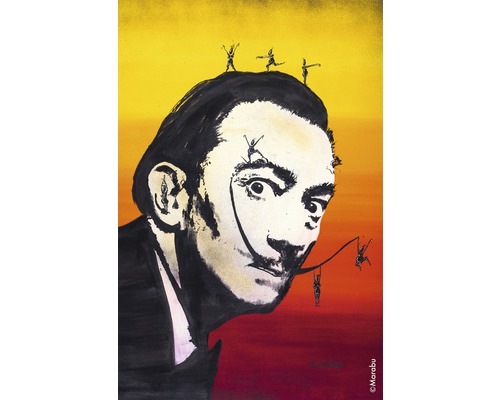 Salvador Dali Porträt mit kleinen Figuren auf dem Kopf und Gesicht