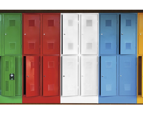 Casiers métalliques alignés, certaines portes sont ouvertes