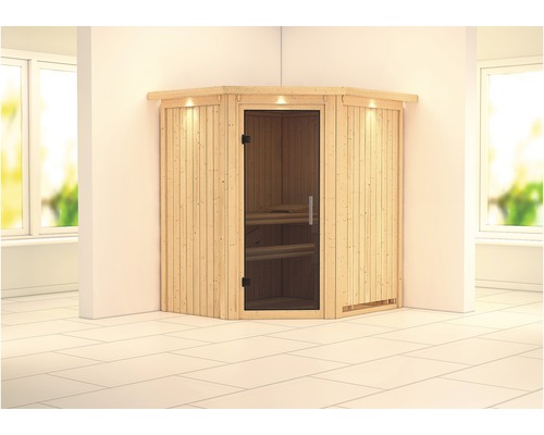 Sauna modulaire Karibu Maurin sans poêle, avec couronne et porte entièrement vitrée coloris graphite