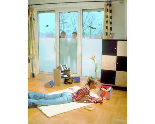 Wohnzimmer mit Fensterfolie für mehr Privatsphäre, eine Frau liegt auf dem Boden und liest.