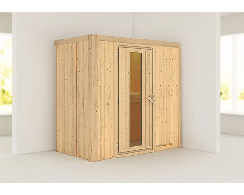 Sauna modulaire Karibu Mariado sans poêle ni couronne, avec porte en bois et verre isolé thermiquement