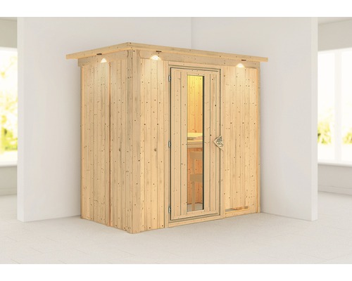 Sauna modulaire Karibu Mariado sans poêle, avec couronne et porte en bois avec verre isolé thermiquement