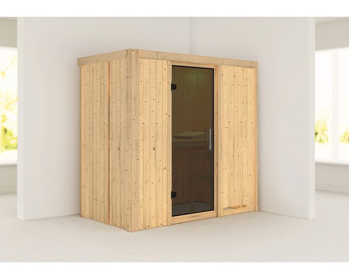 Sauna modulaire Karibu Mariado sans poêle ni couronne, avec porte entièrement vitrée coloris graphite