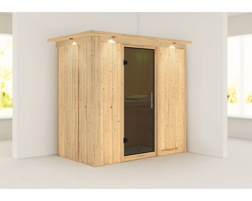 Sauna modulaire Karibu Mariado sans poêle, avec couronne et porte entièrement vitrée coloris graphite