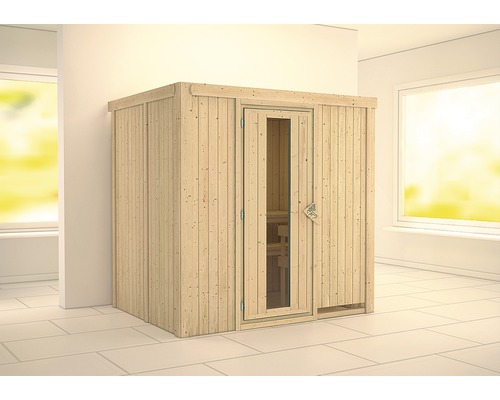 Elementsauna Karibu Bodina ohne Ofen und Dachkranz mit Holztür und Isolierglas wärmegedämmt